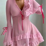 Lace Sexy Nightdress Summer Slimming Sexy Nighty Ruffled Sleeves Seductive Sexy Nightwear