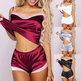 Two-piece Pajamas Suit Silk-like Charming Suspenders Shorts Satin Sexy Home Clothes