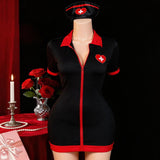 European American Sexy Black Nurse Sheath Skirt Game Costume Lingerie Set Embroidery