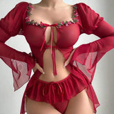 European American Style Sexy Lingerie Mesh See-Through Floral Bow Ruffled Hem Long Sleeve Camisole Dress