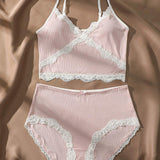 Lace Silk Slim High Elastic V-neck Mid-waist Tank Top Pants and Bra Women's Panties Underwear Set