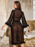Women's Long Sleeve Lace Bow Camisole Top High-End Sheer Mesh Tight Set Slim Fit Breathable Sexy for Valentine's Day