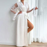 Sexy Netting Cardigan Pajamas Plain Popular Night Gown Simulated Feather Bathrobe