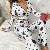 New Heart Pattern Homewear Set Long Pants Soft Skin-Friendly Comfortable Women's Pajamas Elastic Waist Autumn