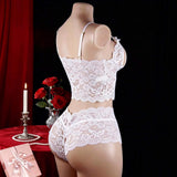 European American Style Sexy Alluring Floral Lace V-neck Open-Crotch Pajama Two-Piece Set