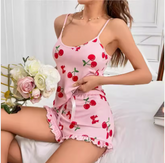 Chic Cherry Print Cami Pajama Set – European Style 2-Piece Sleepwear with Delicate Detail
