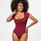 Women's Fashion One Piece Skinny Tight Bodysuit Casual Square Neck Short Sleeve T-Shirt Shapewear