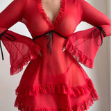 Lace Sexy Nightdress Summer Slimming Sexy Nighty Ruffled Sleeves Seductive Sexy Nightwear