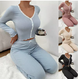 Luxury 2-Piece Slim-Fit Pajama Set – Elegant Women’s Long Sleeve Sleepwear with Intricate Lace Cuff Details