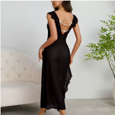 Luxury Deep V-Neck Mesh Dress – Elegant Pleated Trim & High Side Slit Spliced Nightdress