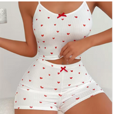 Charming Heart-Print Loungewear Set – Elegant 2-Piece Sleepwear with Delicate Bow Accents & Spaghetti Straps