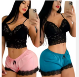 Luxury Lace-Trim Cami & Shorts Set – Elegant Women’s 2-Piece Sleepwear with Alluring Satin Detail