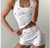 Charming Heart Print Loungewear Set – Women’s Ribbed Tank Top & Matching Polka Dot Shorts Pajamas