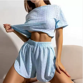 Luxury Monogram Print Loungewear – Elegant Women’s 2-Piece Set with Ribbed Vest & Striped Shorts