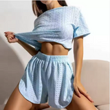 Luxury Monogram Print Loungewear – Elegant Women’s 2-Piece Set with Ribbed Vest & Striped Shorts