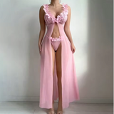 Luxury Pink Floral Lace Maxi Robe – Elegant V-Neck Sheer Nightgown with Sophisticated Open-Front Design