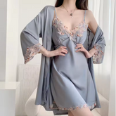 Luxury Cooling Satin Nightdress Set – Elegant 2-Piece Summer Sleepwear with Lace Trim & Built-in Padded Bra