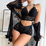 New Sexy Lingerie Nightgown Set for Women Summer Lace Elastic Waist Solid Robe Coat Homewear