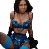 Deep Love New Blue Floral Embroidery 3 Piece Large Lace Mesh Women's Sexy Lingerie Plus Size Steel Womens Sexy Underwear