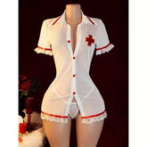 Lingerie Sexy Sheer See-Through Deep V-Neck Slit Lace Trim Nurse Skirt Uniform Set Pure Desire No-Undo Hip-Hugging ODM Polyester