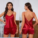 Sexy Women's Breathable Summer Satin Lace Strap Low-Rise Elastic Waist Sleeveless Pajamas Nightwear Homewear