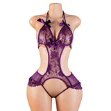 European American Sexy Lingerie Lace Bodysuit Women's Crotchless Purple Seduction Uniform