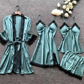 Women's Underwear Pajamas Sets Lingerie Dress Sexy Silk Satin Robe 4pcs Sleepwear Cami Top Stain Pjs for Women