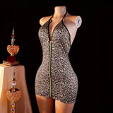 Sexy Deep V-Neck Zipper Leopard Print Backless Bodycon Lingerie Sleepwear Polyester European American