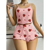 European & American Summer Strawberry Heart Print Ribbed Elastic Waist Camisole Shorts Two-Piece Set Women's Loungewear