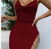 Luxury Hollow-Out Halter Nightdress – Elegant Chain Detail Nightgown with Sophisticated Side Slit