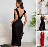 Luxury Deep V-Neck Mesh Dress – Elegant Pleated Trim & High Side Slit Spliced Nightdress