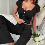Luxury Ribbed Knit Pajama Set – Elegant Women’s Short Sleeve Crop Top & Trousers for Autumn/Winter Loungewear