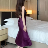 Luxury Cooling Satin Nightgown – Elegant Lace Sling Long Dress with Sophisticated Over-the-Knee Silhouette