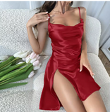 Luxury Satin Slip Nightdress – Elegant European Style Long Loungewear with Side Slit & Backless Design