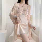Luxury Cooling Satin Nightdress Set – Elegant 2-Piece Summer Sleepwear with Lace Trim & Built-in Padded Bra