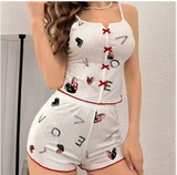 Luxury Printed Pajama Set – Elegant Women’s 2-Piece Sleepwear with Sophisticated Mesh Stitching Details