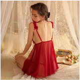 Alluring Deep V-Neck Red Mesh Chemise – Elegant Ruffled Straps & Delicate Lace Trim Nightgown