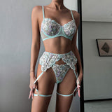 Fashion Lace Perspective Women's Sexy G-String Panties Push-up Bra Set with Bow Embroidery Rhinestone Decoration Worn with Style