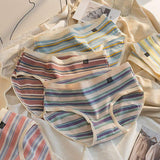 Pure Cotton Japanese Striped Contrast Color Simple Solid Color Women's Underwear Mid-Waist Hip Breathable Panties
