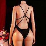 Lingerie Sexy Solid Crotchless No-Remove Jumpsuit Ice Silk Tight Seductive Pajamas