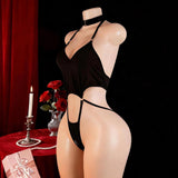 Lingerie Women's Sexy Hollow Out Backless Strappy Seductive Bodysuit Halter Crotchless No-Remove Set