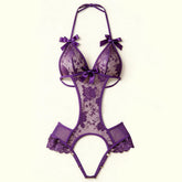 European American Sexy Lingerie Lace Bodysuit Women's Crotchless Purple Seduction Uniform
