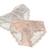 Satin Lace Mesh Hollow-Out Sexy Mid-Waist Women's Thong Breathable Crotch Comfortable Back-Hollowed Underwear