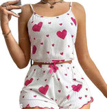 Summer European American Knitted Ribbed Heart Print Design Sweet Collarless Polyester Camisole Shorts Pure Women's Pajamas