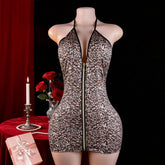 Sexy Deep V-Neck Zipper Leopard Print Backless Bodycon Lingerie Sleepwear Polyester European American