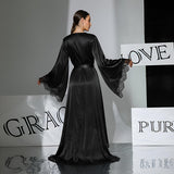 Black White Two-Tone Satin Lace Breathable Summer Elegant Robe Light Luxury Long Style Bell Sleeves Tie Sexy Home Dressing Gown