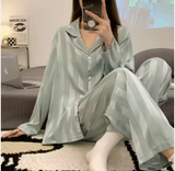 Luxury Ice Silk Nightdress – Elegant Women’s Vertical Stripe Loungewear with a Minimalist & Sophisticated Silhouette