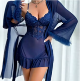 Luxury Mesh & Lace Nightgown Set – Elegant Women’s Sleeveless Slip Dress with Sophisticated Matching Robe
