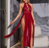 Luxury Lace Babydoll Chemise – Elegant Women’s V-Neck Mesh Nightdress featuring a Sophisticated Side Split Silhouette