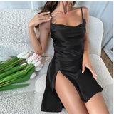Luxury Satin Slip Nightdress – Elegant European Style Long Loungewear with Side Slit & Backless Design